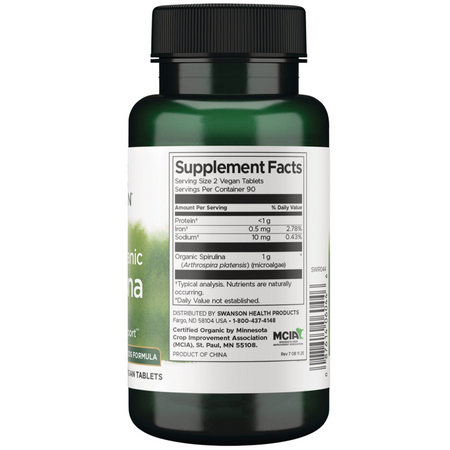Swanson Certyfikowana Organiczna Spirulina 500 mg 180 tabletek