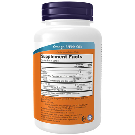 Now Foods Cod Liver Oil Extra Strength 1000 mg 180 kapsułek