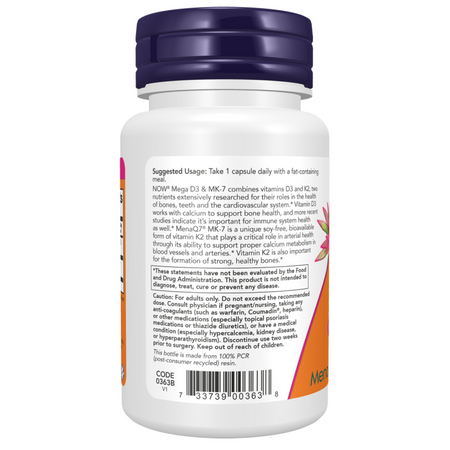 Now Foods Witamina D3 5000 iu + K2 MK7 180 mcg 60 veg kapsułek