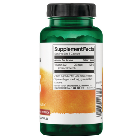 Swanson Witamina D3 1000 iu Cholekalcyferol 250 kapsułek