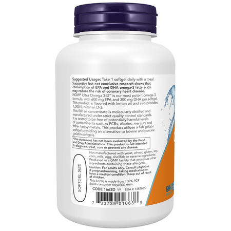 Now Foods Ultra Omega 3-D™ Fish Oil (Fish Gelatin) 180 kapsułek