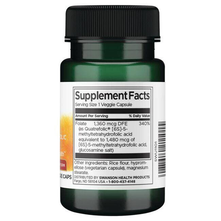 Swanson Kwas Foliowy 5-MTHF Quatrefolic 800 mcg 30 kapsułek