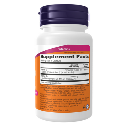 Now Foods Witamina D3 5000 iu + K2 MK7 180 mcg 60 veg kapsułek