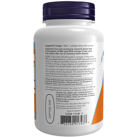 Now Foods Cod Liver Oil 1000 mg Extra Strength 180 kapsułek